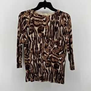 Talbots Petites Brown Animal Print 100% Pure Merino Wool Sweater MP Lightweight
